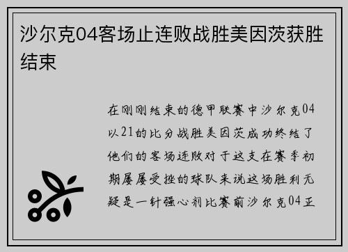 沙尔克04客场止连败战胜美因茨获胜结束